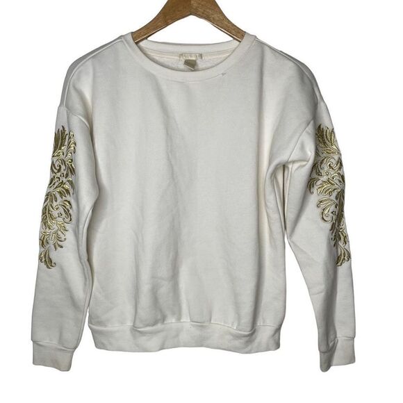 F21 Gold Appliqué  Embroidered Sleeve Crewneck Sweatshirt - Picture 1 of 9